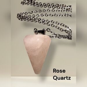 Rose Quartz Pendant Amulet Gemstone Silvertone Dainty Necklace